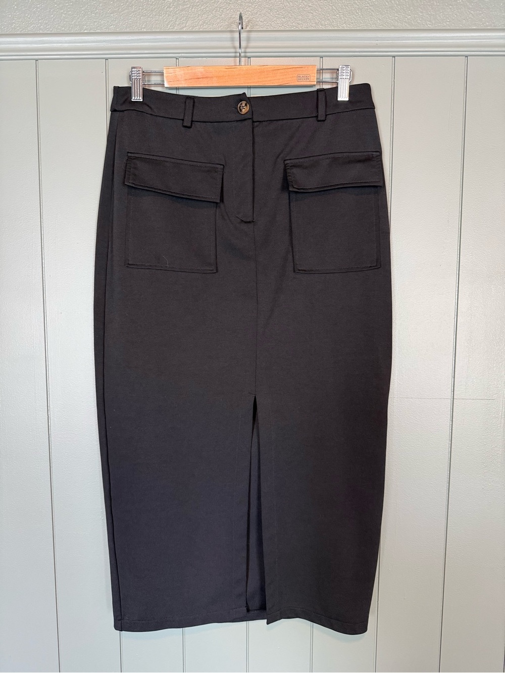 High-Rise Black Pencil Skirt with Front Flap Pockets